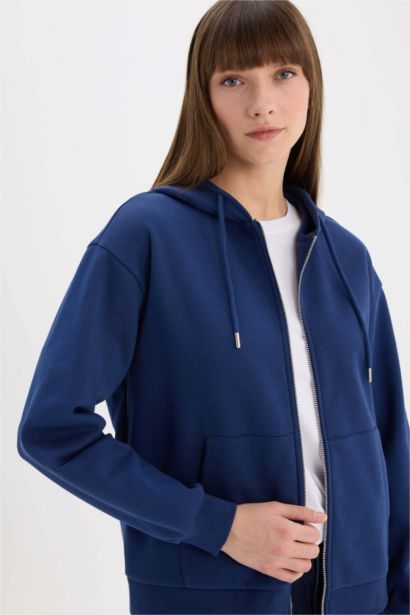 Relax Fit Kapüşonlu Basic Düz Kalın Fermuarlı Sweatshirt