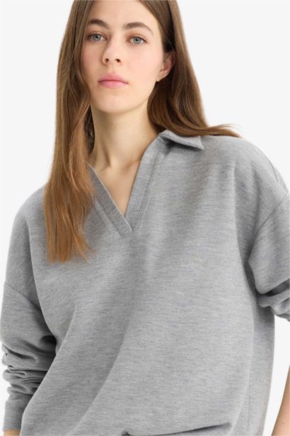 Relax Fit Polo Neck Basic Long Sleeve T-Shirt