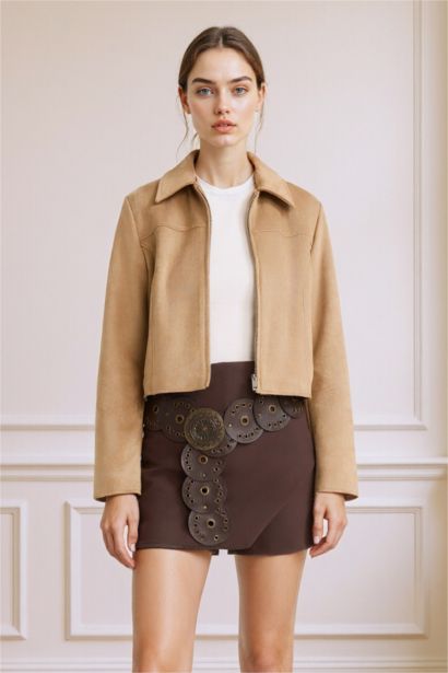 Waterproof Regular Fit Polo Neck Zippered Suede Jacket