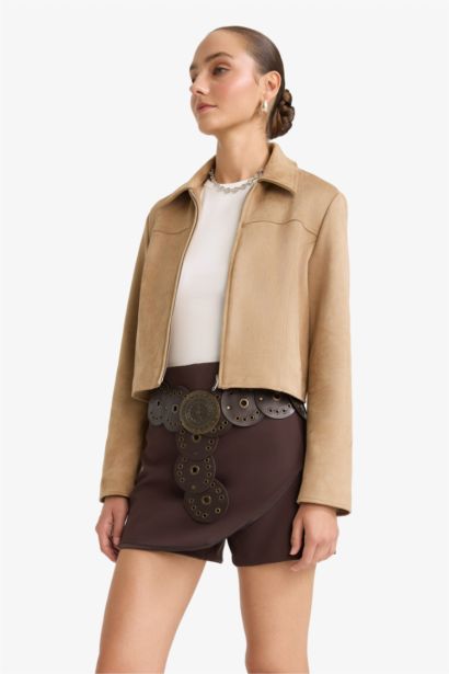 Waterproof Regular Fit Polo Neck Zippered Suede Jacket