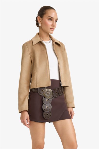 Waterproof Regular Fit Polo Neck Zippered Suede Jacket