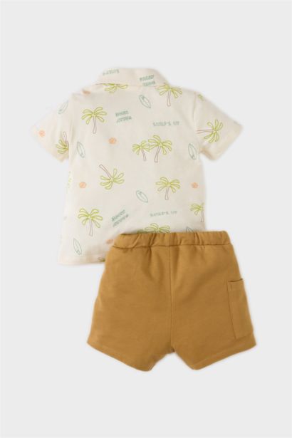 2'li Takım Palmiye Desenli Kısa Kollu Polo Tişört Beli Lastikli Şort Erkek Bebek