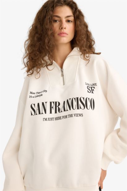 Оверсайз широкий крой с полу-молнией с принтом свитшот