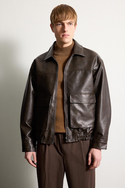 Oversize Fit Shirt Collar Zip-Up Faux Leather Jacket