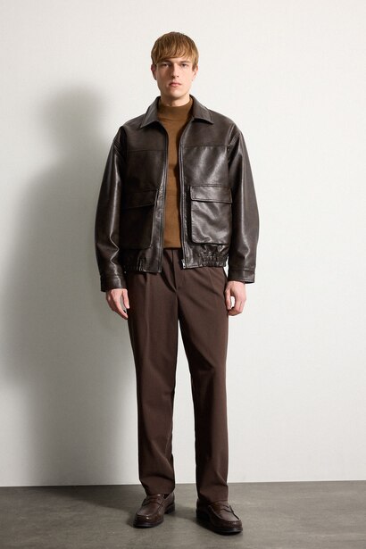 Oversize Fit Shirt Collar Zip-Up Faux Leather Jacket