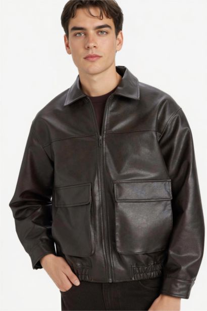 جاكيت جلد صناعي اوفر سايز وياقة قميص