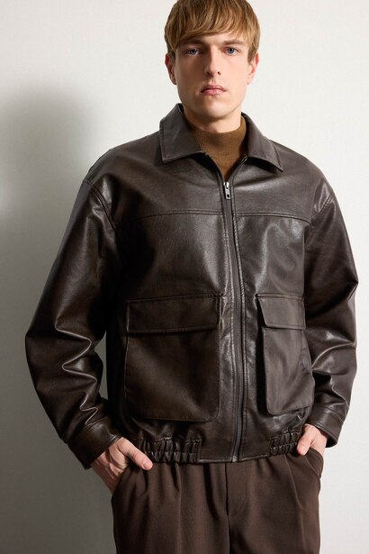 Oversize Fit Shirt Collar Zip-Up Faux Leather Jacket