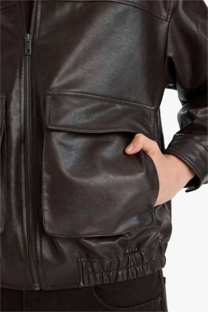 جاكيت جلد صناعي اوفر سايز وياقة قميص