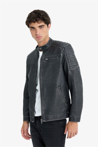 Slim Fit Dar Kesim Dik Yaka Fermuarlı Biker Suni Deri Mont