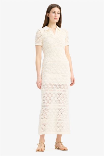 Polo Neck Short Sleeve Lace Maxi Dress