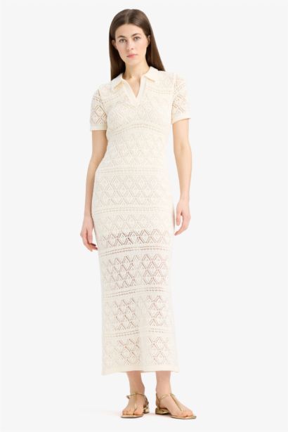 Polo Neck Short Sleeve Lace Maxi Dress