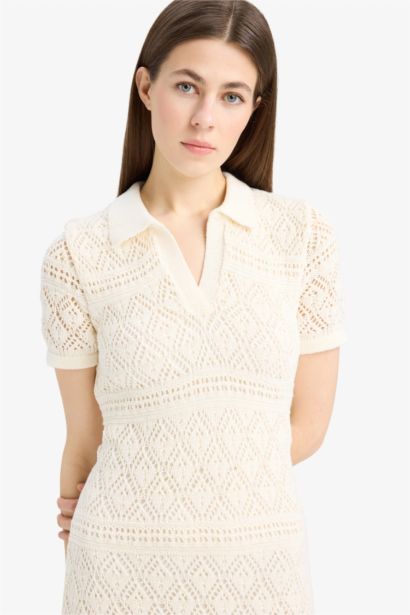 Polo Neck Short Sleeve Lace Maxi Dress