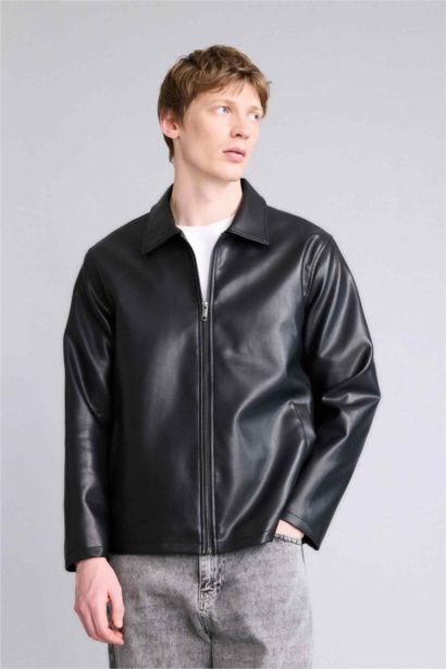 جاكيت جلد صناعي قصة عادية وياخة قميص
