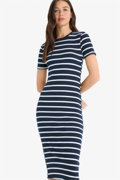 Bodycon Vücudu Saran Bisiklet Yaka Çizgili Fitilli Kaşkorse Kısa Kollu Midi Yazlık Elbise