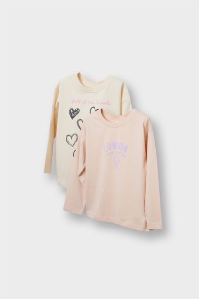 Baby Girl Crew Neck Heart Patterned 2 Piece T-Shirt
