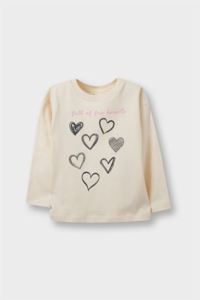 Baby Girl Crew Neck Heart Patterned 2 Piece T-Shirt