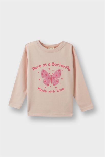 Girl Crew Neck Butterfly Patterned T-Shirt