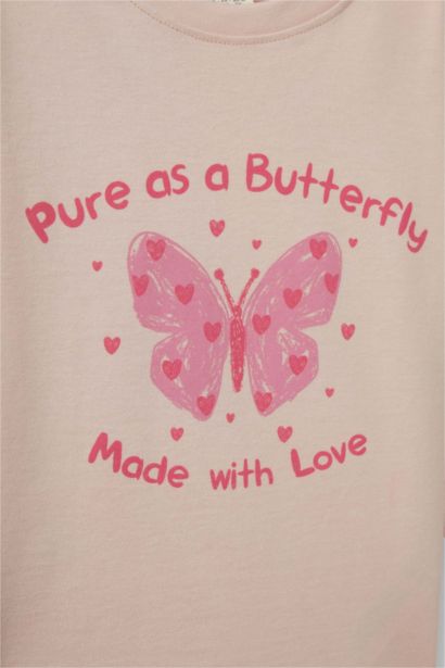 Girl Crew Neck Butterfly Patterned T-Shirt