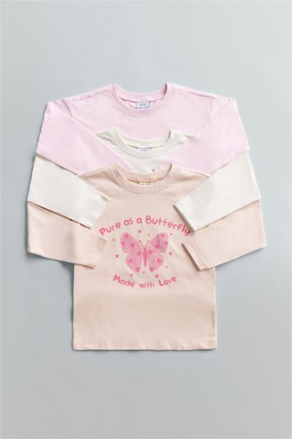 Girl Crew Neck Butterfly Patterned T-Shirt