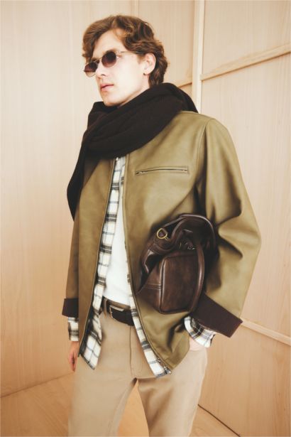 Regular Fit Faux Leather Zippered Jacket