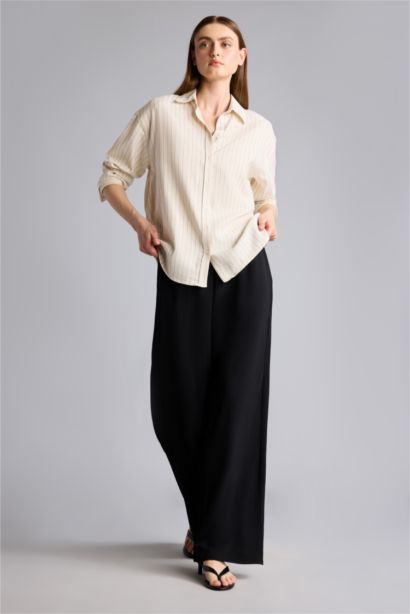 Loose Fit Uzun kollu Keten Karışımlı Çizgili Gömlek