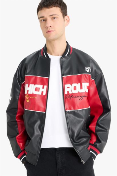 Oversize Fit College Collar Zippered Faux Leather Bomber Jacket