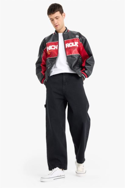 Oversize Fit College Collar Zippered Faux Leather Bomber Jacket