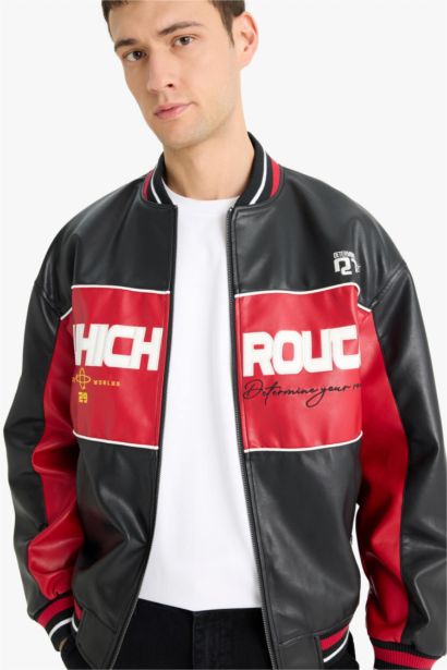 Oversize Fit College Collar Zippered Faux Leather Bomber Jacket