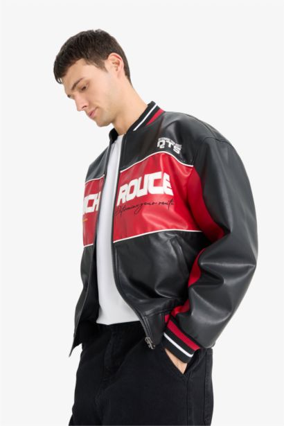 Oversize Fit College Collar Zippered Faux Leather Bomber Jacket