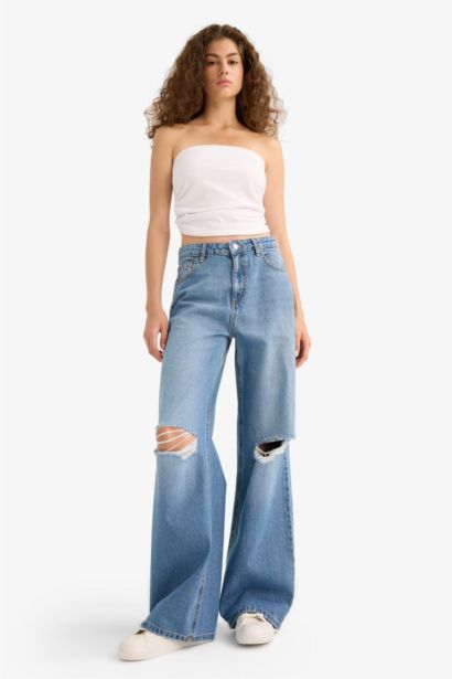 Wide Leg Ripped Detailed High Waist Long Jeans