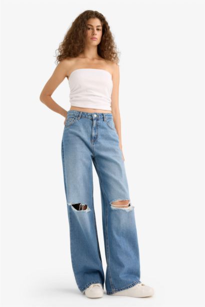 Wide Leg Ripped Detailed High Waist Long Jeans
