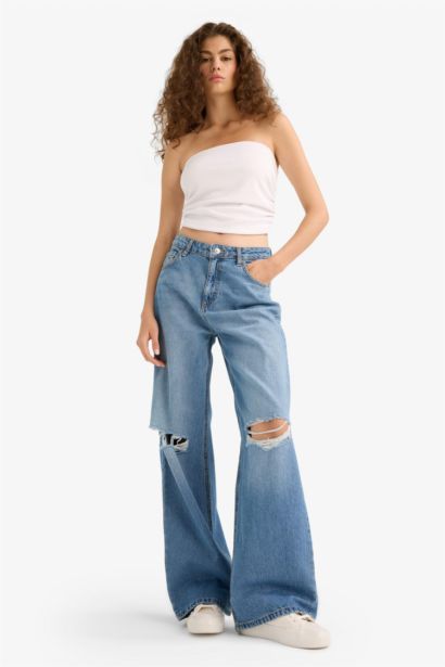 Wide Leg Ripped Detailed High Waist Long Jeans