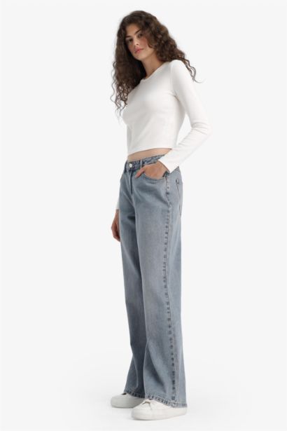 %100 Pamuk Straight Wide Yüksek Bel Jean Pantolon