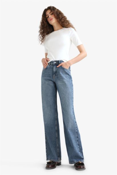 %100 Pamuk Straight Wide Yüksek Bel Jean Pantolon