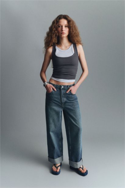 Baggy Fit Folded Leg Denim Trousers