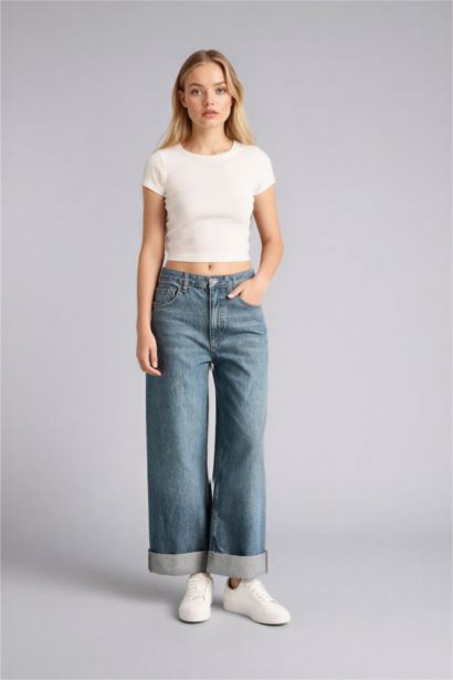 Baggy Fıt Yüksek Bel Katlamalı Paça Jean Yıkamalı Pantolon