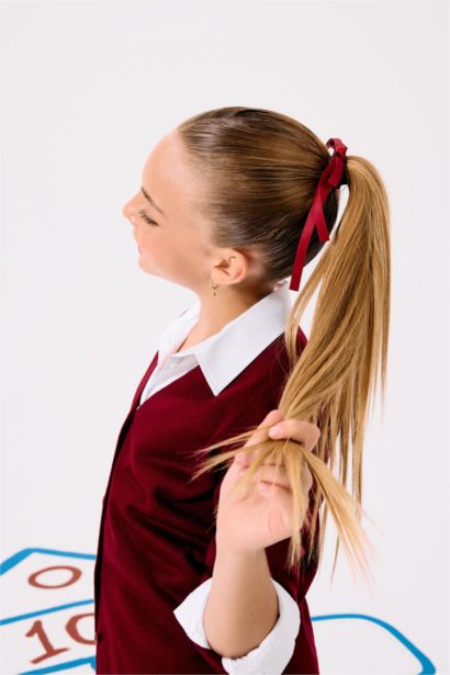 Girl's 2 Piece Burgundy Ribbon Elastic Hair Band