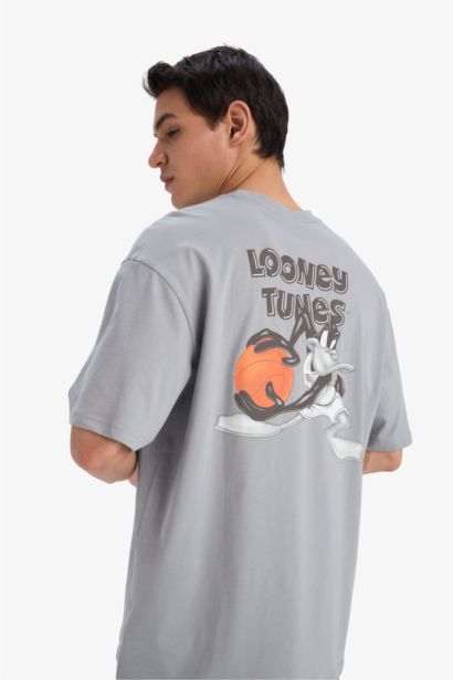 تيشيرت قطن أوفر سايز مطبوع برقبة مستديرة من لوني تونز
