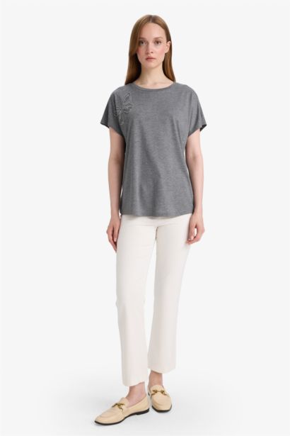 Crew Neck Stone Printed Short Sleeve T-shirt