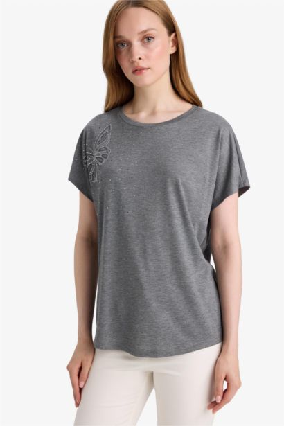 Crew Neck Stone Printed Short Sleeve T-shirt