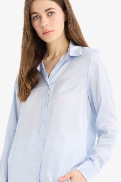 Regular Fit Shirt Collar Satin Long Sleeve Shirt