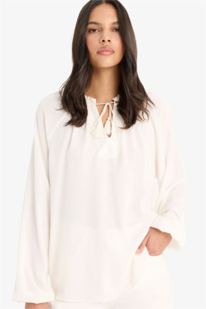 Regular Fıt Bisiklet Yaka Krinkıl Kumaş Uzun Kollu Bluz