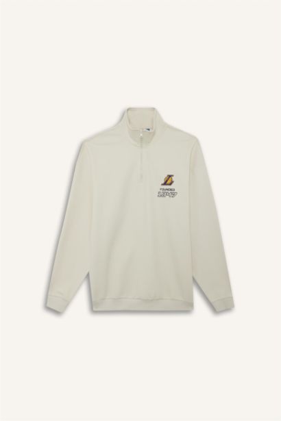 NBA Los Angeles Lakers Oversize Geniş Kalıp Dik Yaka Yarım Fermuarlı Jakarlı Sweatshirt
