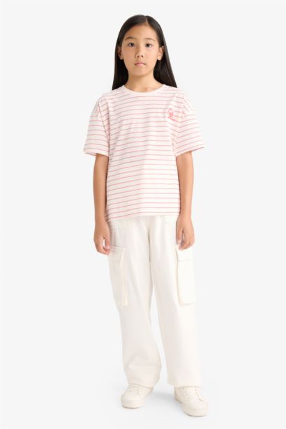 تيشيرت مخطط بناتي نص ردن قصة مريحة بياخة مستديرة