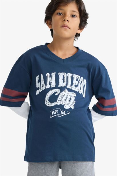 T-shirt oversize imprimé à manches longues et col V pour garçon