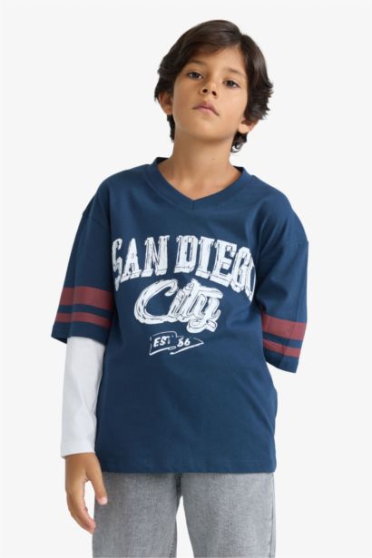 T-shirt oversize imprimé à manches longues et col V pour garçon