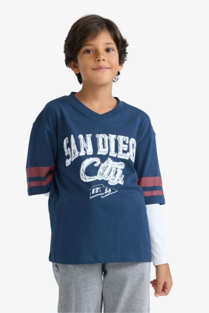 T-shirt oversize imprimé à manches longues et col V pour garçon