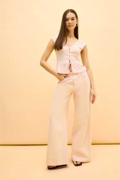 Regular Fit V Neck Front Tie Crinkle Blouse