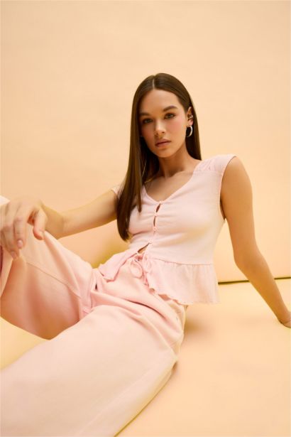 Regular Fit V Neck Front Tie Crinkle Blouse