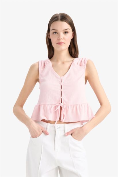 Regular Fit V Neck Front Tie Crinkle Blouse